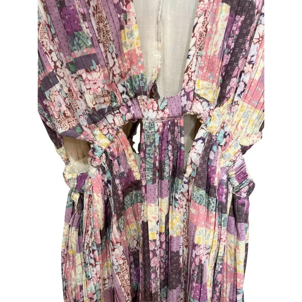 SEA NY Maxi Dress Patchwork Floral Naya Cutout‎ Long Sleeve Pleated Purple XS - Picture 9 of 11